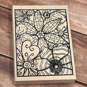 RARE HTF OUTLINES I127 WOOD MOUNTED RUBBER STAMP FRAMED FUNKY FLOWERS HEART